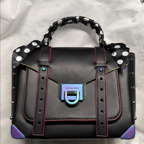 Michael Kors Manhattan Vibrant Neon Contrast Trim Leather Satchel - Picture 6 of 13